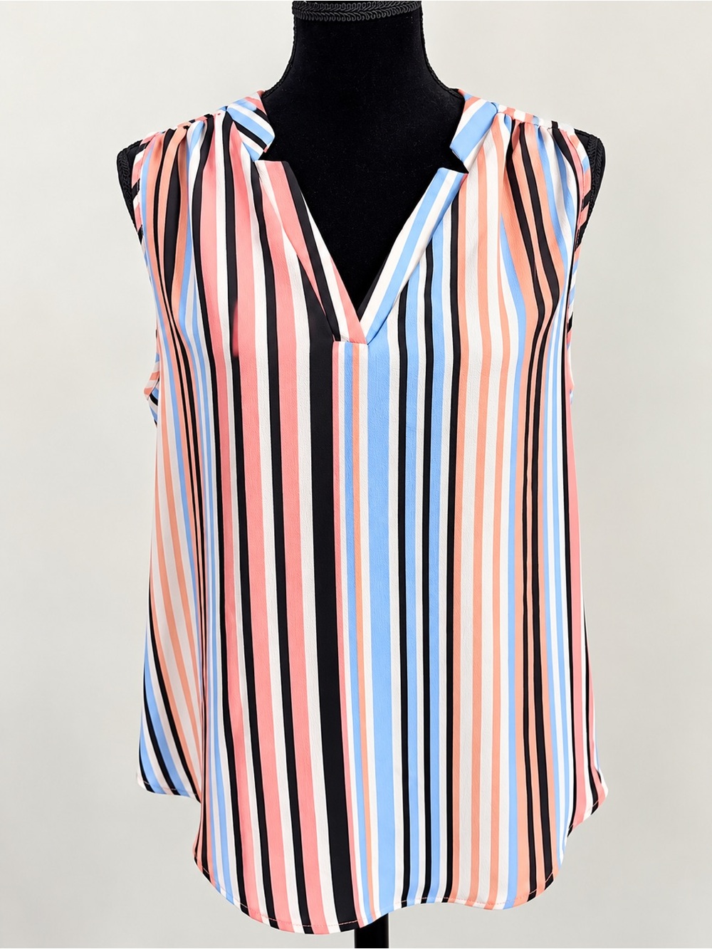 Sleeveless Striped V-Neck Top in Peach, Blue & Black